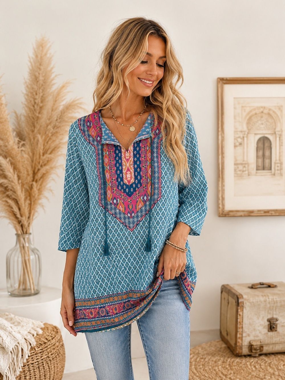 Urban Coco Boho V-Neck Embroidered Tunic Top in Teal